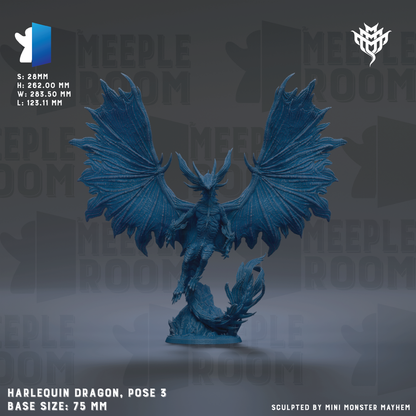 a blue Harlequin Dragon figurine posed in a dynamic flying position, with its wings spread wide. The base size of the figurine is 75 millimeters. The image is a 3D rendering of the figurine, and it is sculpted by Mini Monster Mayhem.