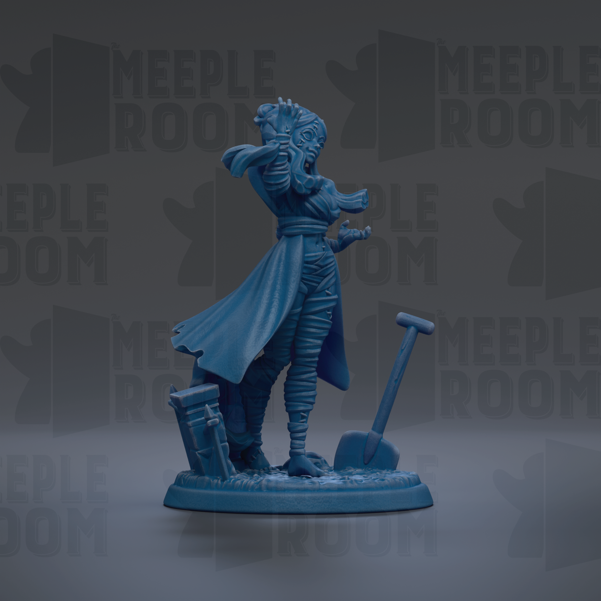 A blue figurine of a woman with a flowing cape and a shovel, standing on a base.