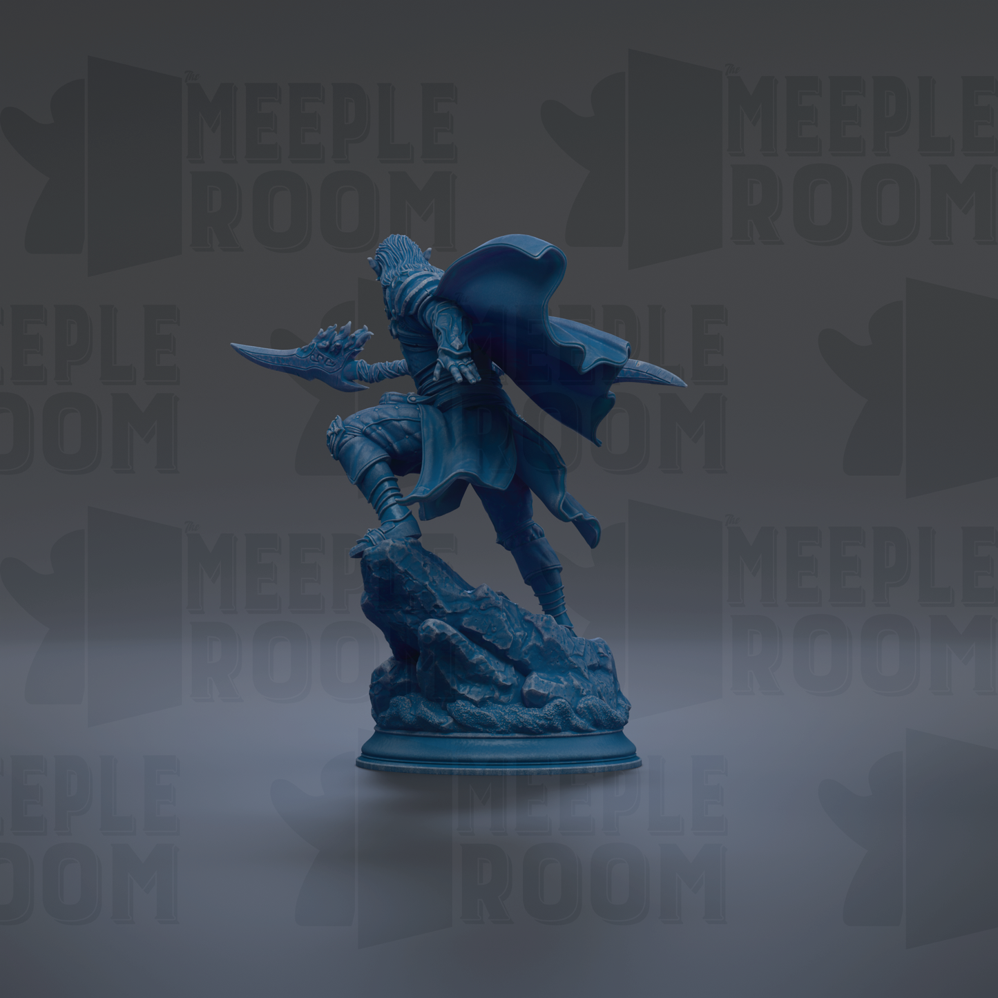 A blue figurine of a warrior figure, possibly a knight or knightly character, is depicted in a dynamic pose, with a cape billowing behind them. The background is a dark gray color, and the repeated text "MEIPLLE ROOM" is visible in the image.