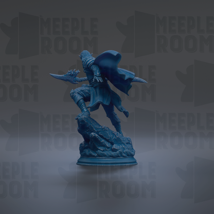 A blue figurine of a warrior figure, possibly a knight or knightly character, is depicted in a dynamic pose, with a cape billowing behind them. The background is a dark gray color, and the repeated text "MEIPLLE ROOM" is visible in the image.