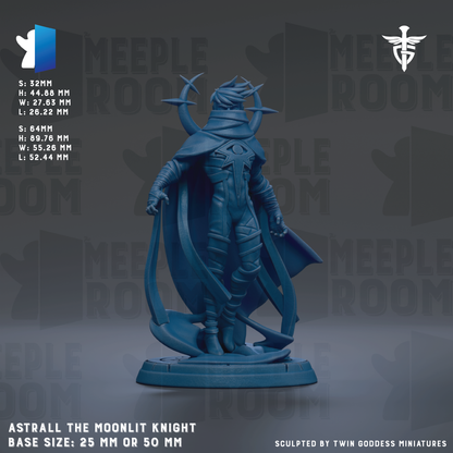 a figurine of a knight in a blue outfit, standing on a base. The figurine is described as "Astrall the Moonlit Knight" and is shown in various sizes, including 25mm and 50mm. The figurine is sculpted by "Twin goddesses" and is displayed against a dark background with the text "MELLOW ROOM" repeated multiple times.