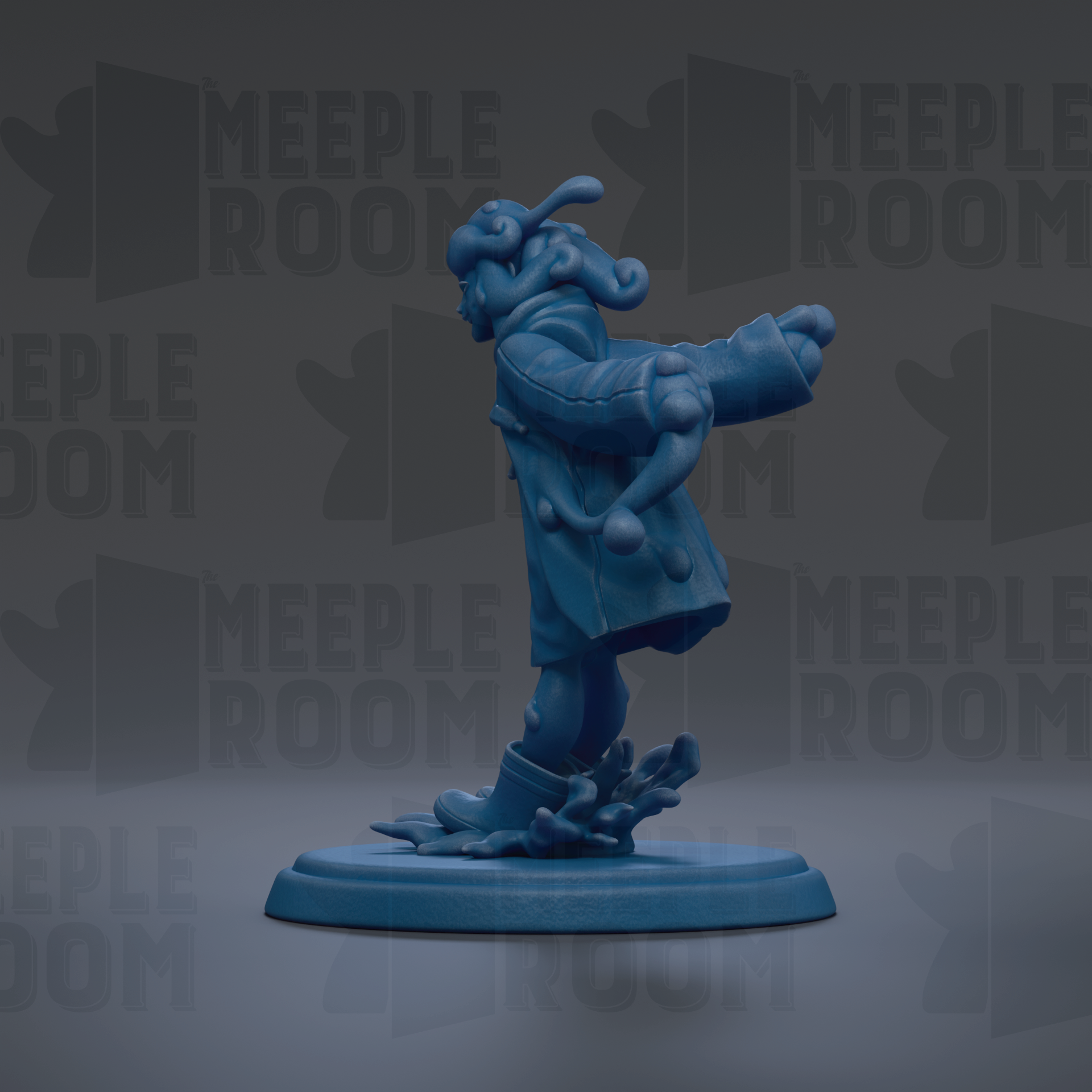 A blue figurine of a person with curly hair and a flowing robe is standing on a blue base against a dark background with repeated text.