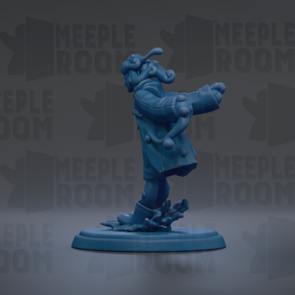 A blue figurine of a person with curly hair and a flowing robe is standing on a blue base against a dark background with repeated text.
