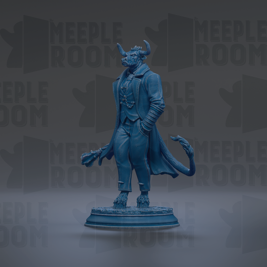 A blue statue of a man with horns, dressed in a suit, standing on a pedestal against a dark background with repeated text.
