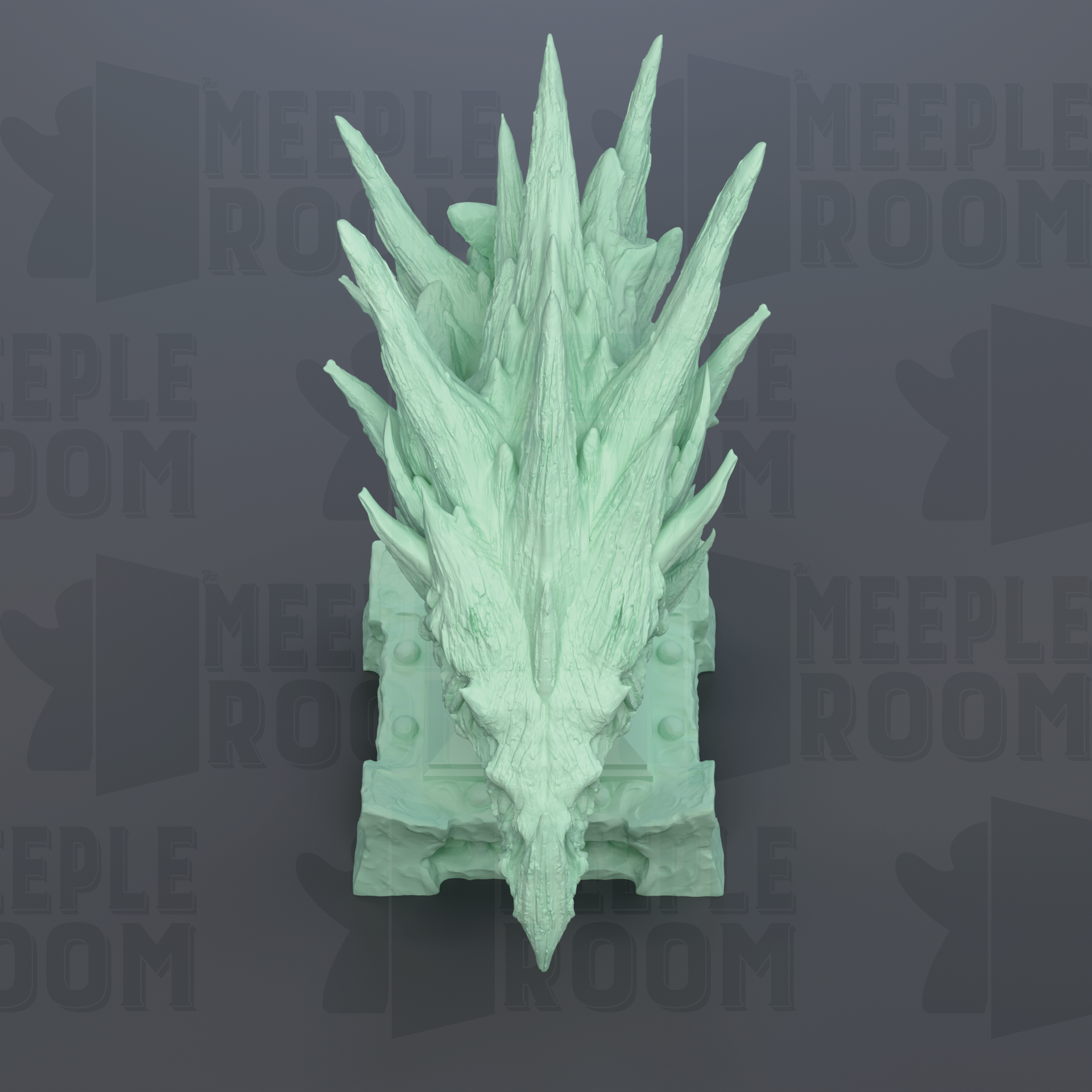 A green, spiky dragon head sculpture is displayed against a dark background with repeated text.
