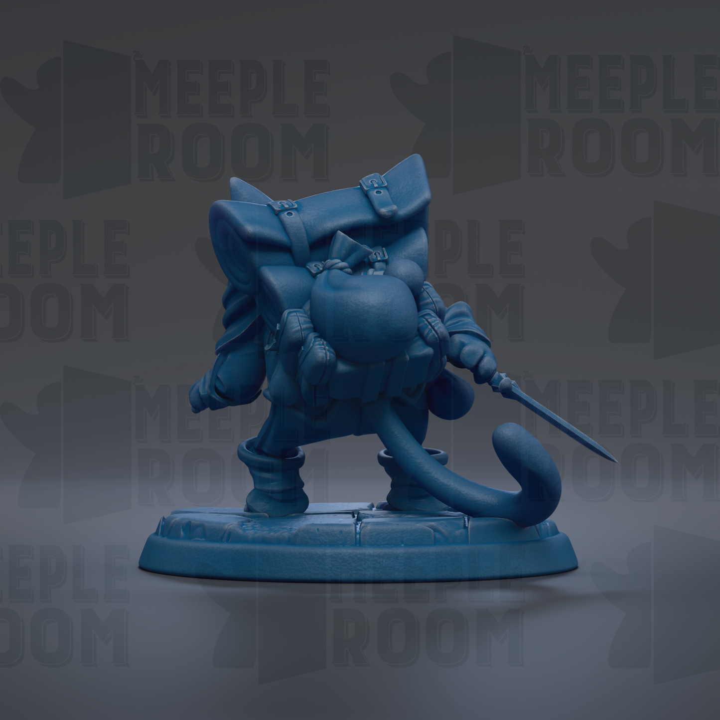 A blue figurine of a cat-like creature with a backpack and a sword, standing on a platform against a dark background with repeated text.