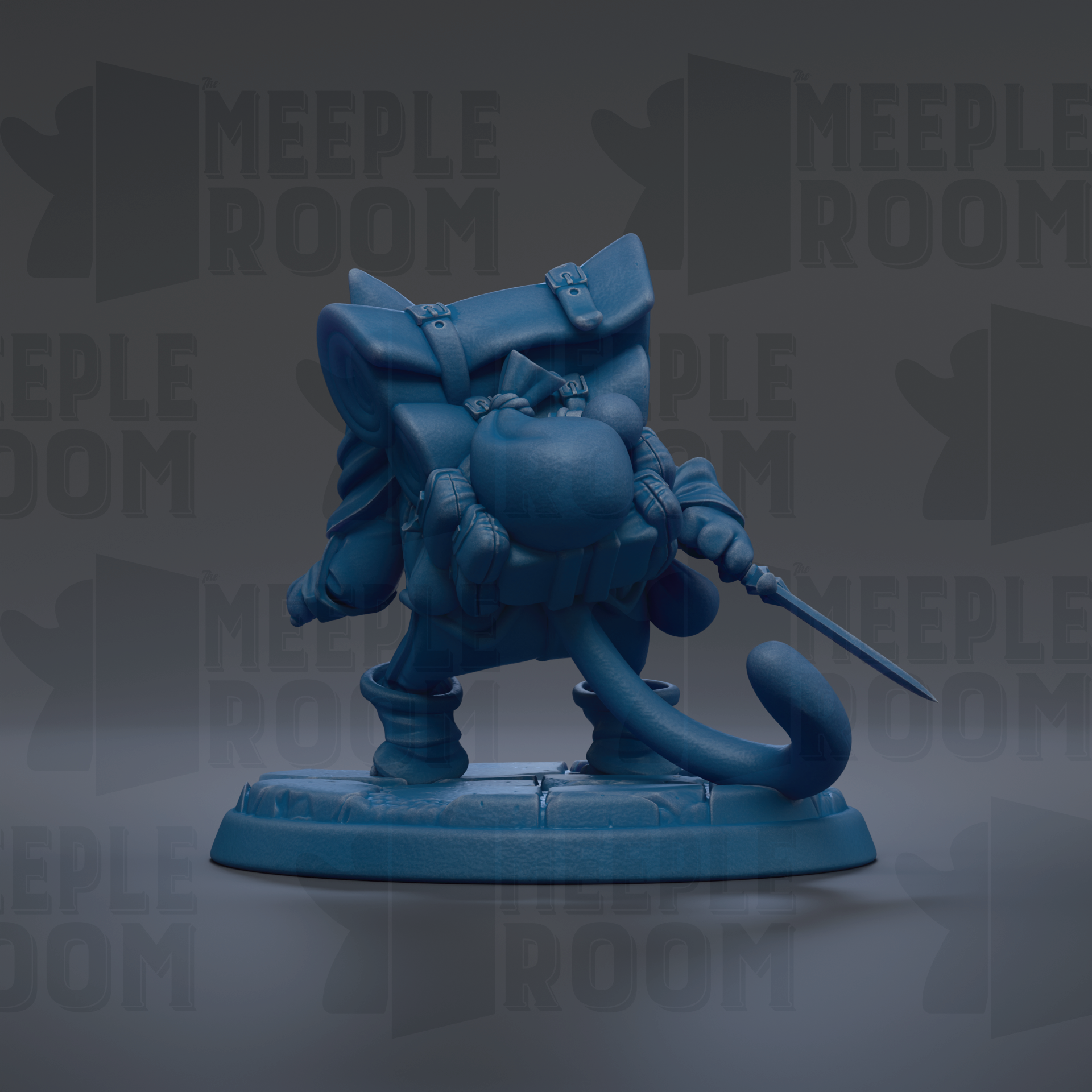 A blue figurine of a cat-like creature with a backpack and a sword, standing on a platform against a dark background with repeated text.