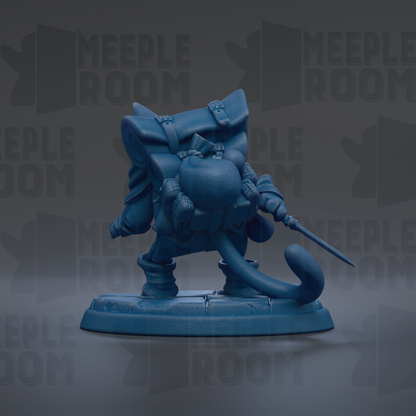 A blue figurine of a cat-like creature with a backpack and a sword, standing on a platform against a dark background with repeated text.