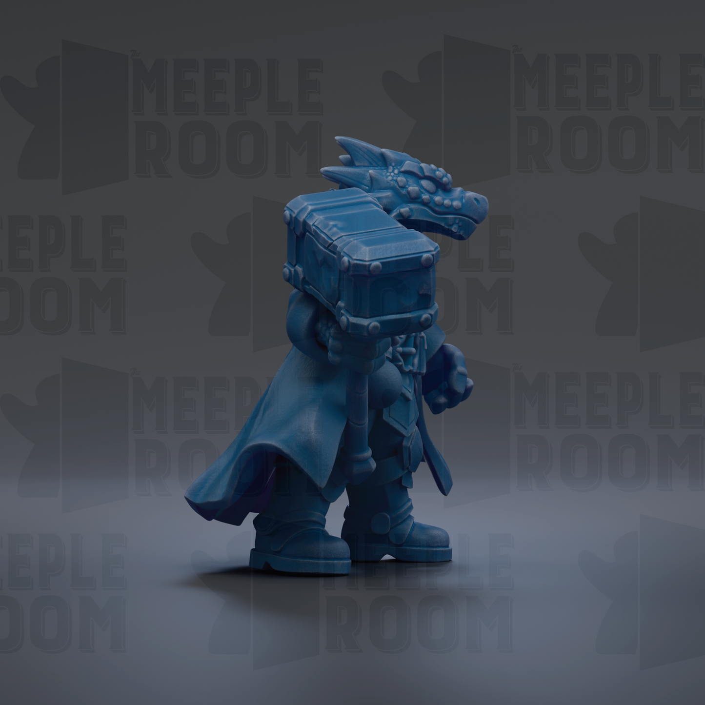 A blue dragon figurine holding a chest, standing against a dark background with repeated text.