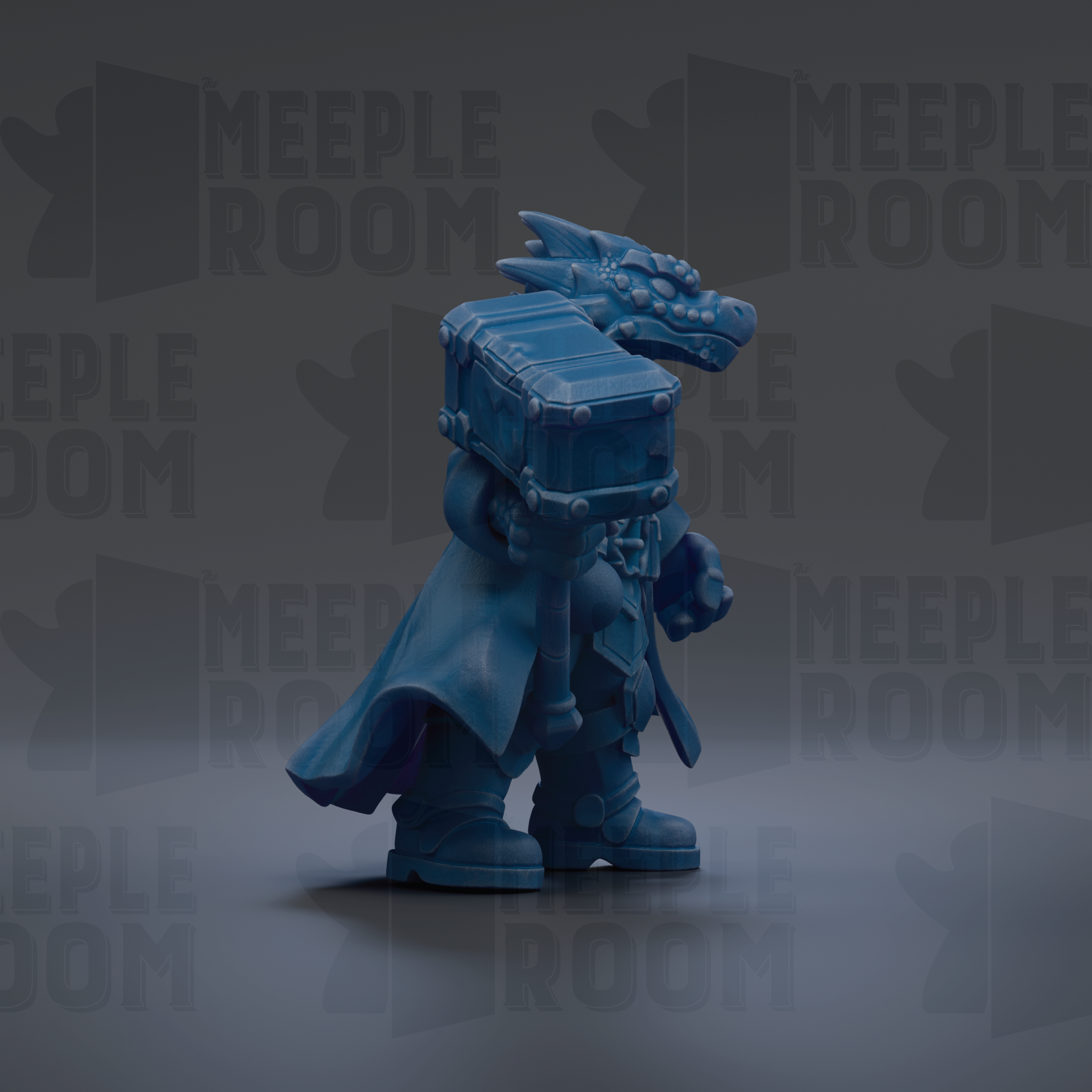 A blue dragon figurine holding a chest, standing against a dark background with repeated text.