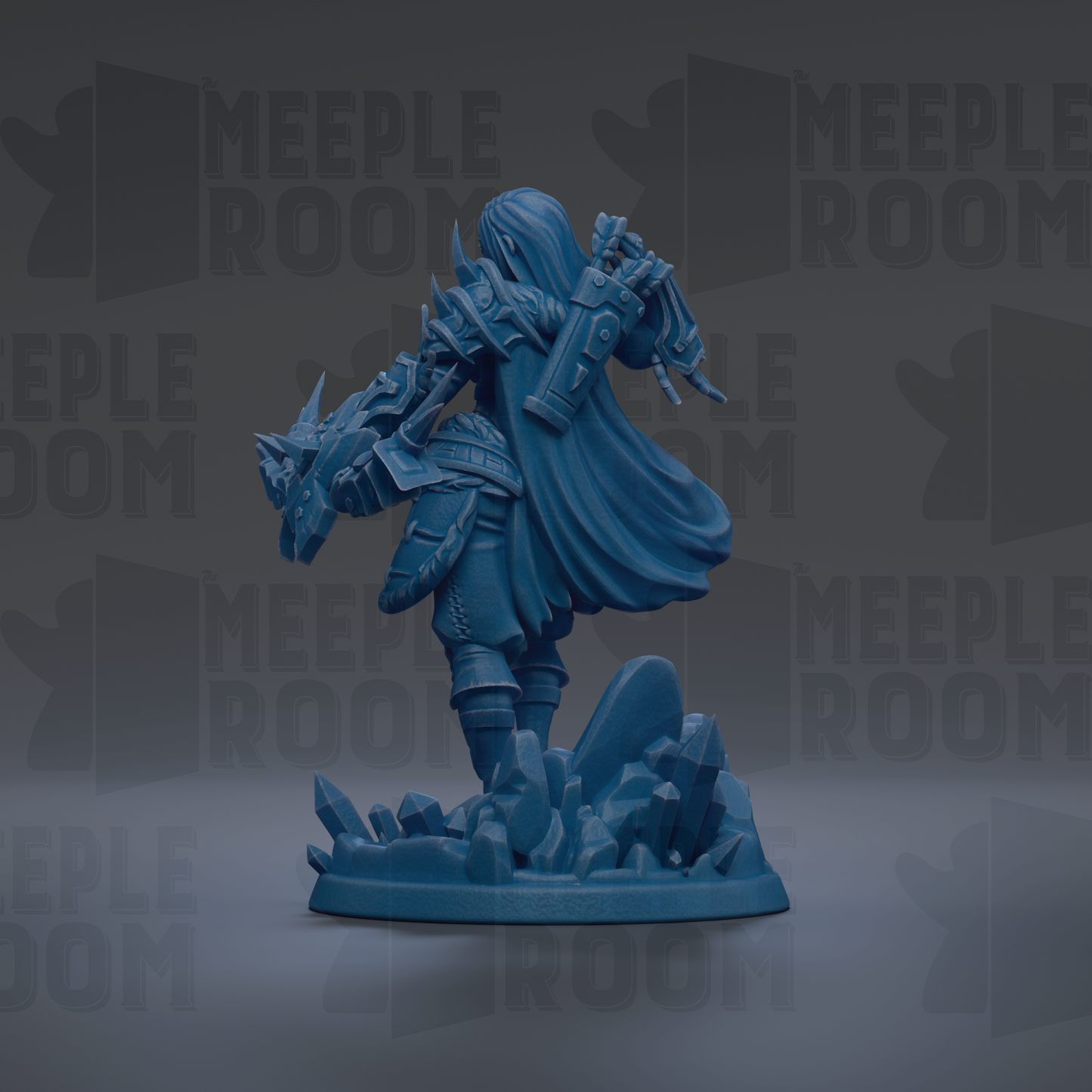 A blue figurine of a warrior standing on a rocky base, holding a weapon and wearing armor.