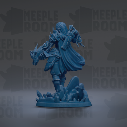 A blue figurine of a warrior standing on a rocky base, holding a weapon and wearing armor.