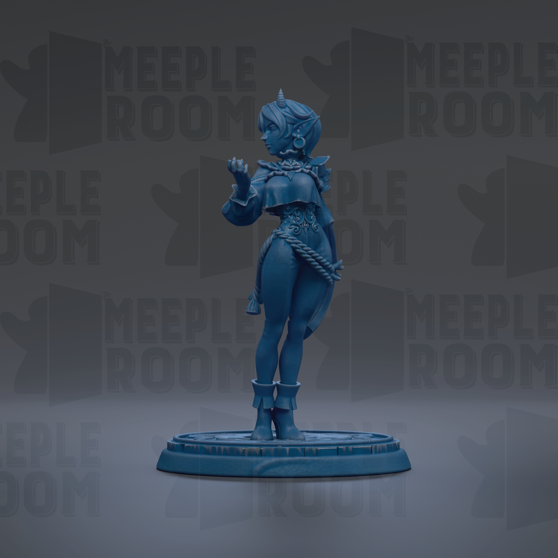 A blue figurine of a female character standing on a pedestal against a dark background with repeated text.