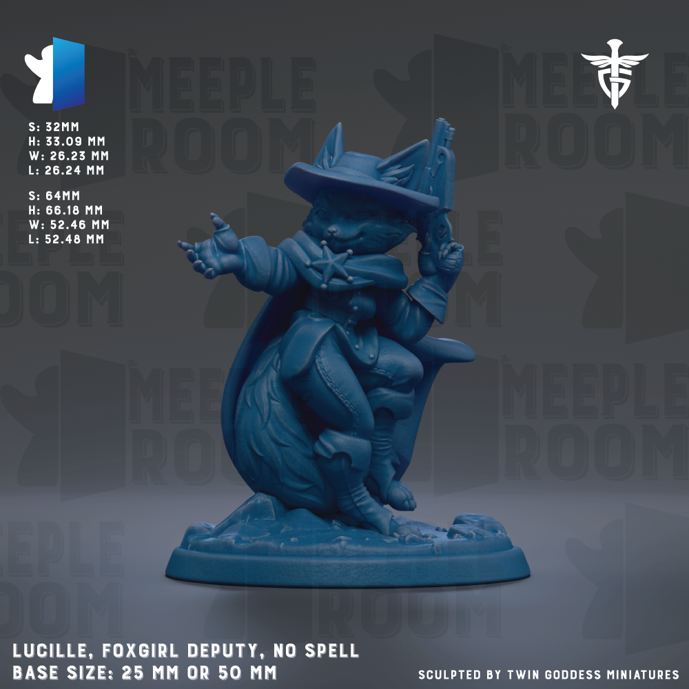A figurine of a fox girl, a character from the video game Meeple Room, is shown in the image. The figurine is described as a "deputy" and "no spell" and is shown in various sizes, including 25mm and 50mm. The image is a collage of multiple images, and the phrase "The image depicts" is not used.