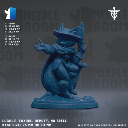 A figurine of a fox girl, a character from the video game Meeple Room, is shown in the image. The figurine is described as a "deputy" and "no spell" and is shown in various sizes, including 25mm and 50mm. The image is a collage of multiple images, and the phrase "The image depicts" is not used.
