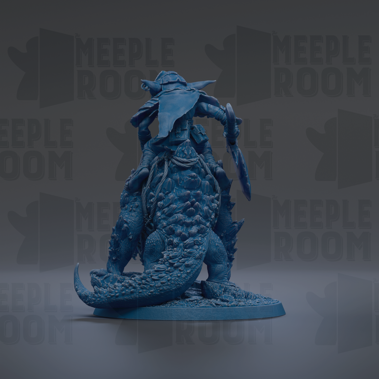 A blue, 3D-rendered figurine of a fantastical creature, possibly a dragon or serpent, with a large head and extended wings. The background is dark and has the text "MEUPLE ROOM" repeated multiple times.
