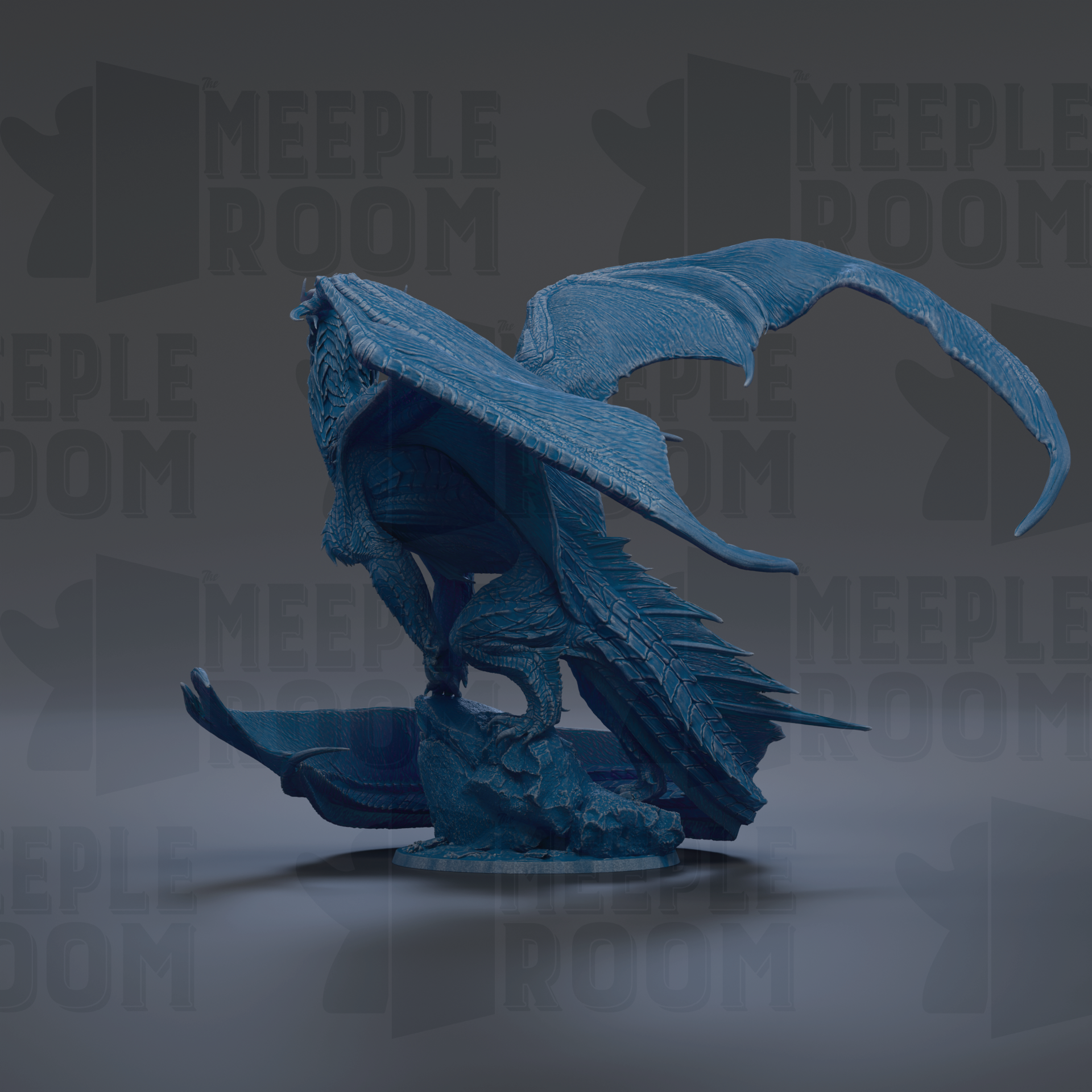 A blue dragon figurine with outstretched wings is the central focus of the image.