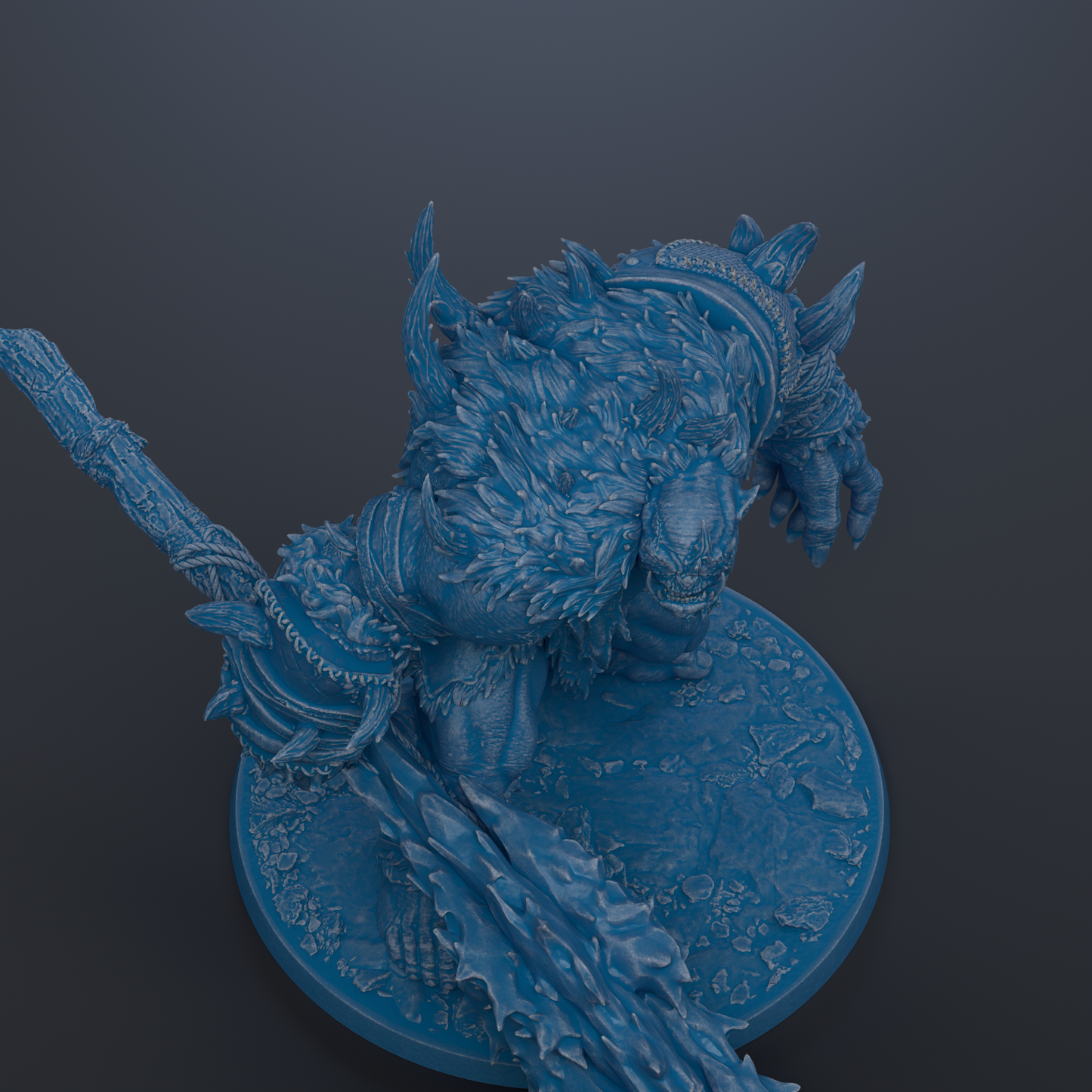 A detailed 3D rendering of a fantastical creature, possibly a mythical or magical being, with intricate textures and patterns. The creature appears to be a large, armored figure with sharp teeth and claws, and is depicted in a dynamic, crouching or standing pose. The image does not contain any text or other discernible objects, and the creature is the sole focus of the image.