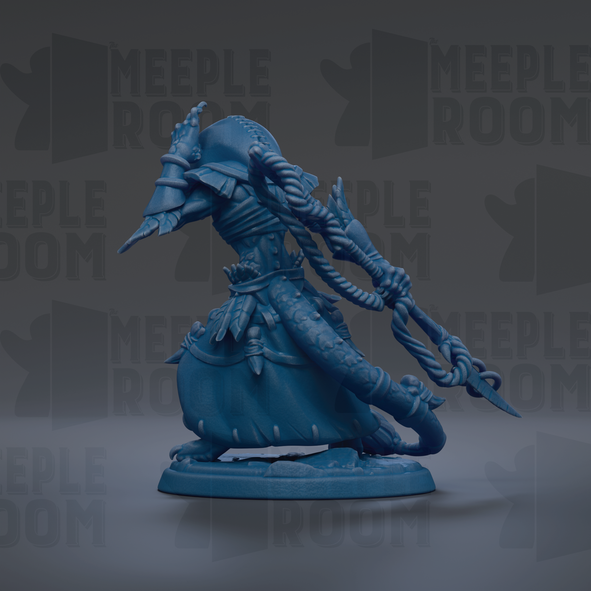 A blue figurine of a fantastical creature with intricate details and a flowing, ornate design.