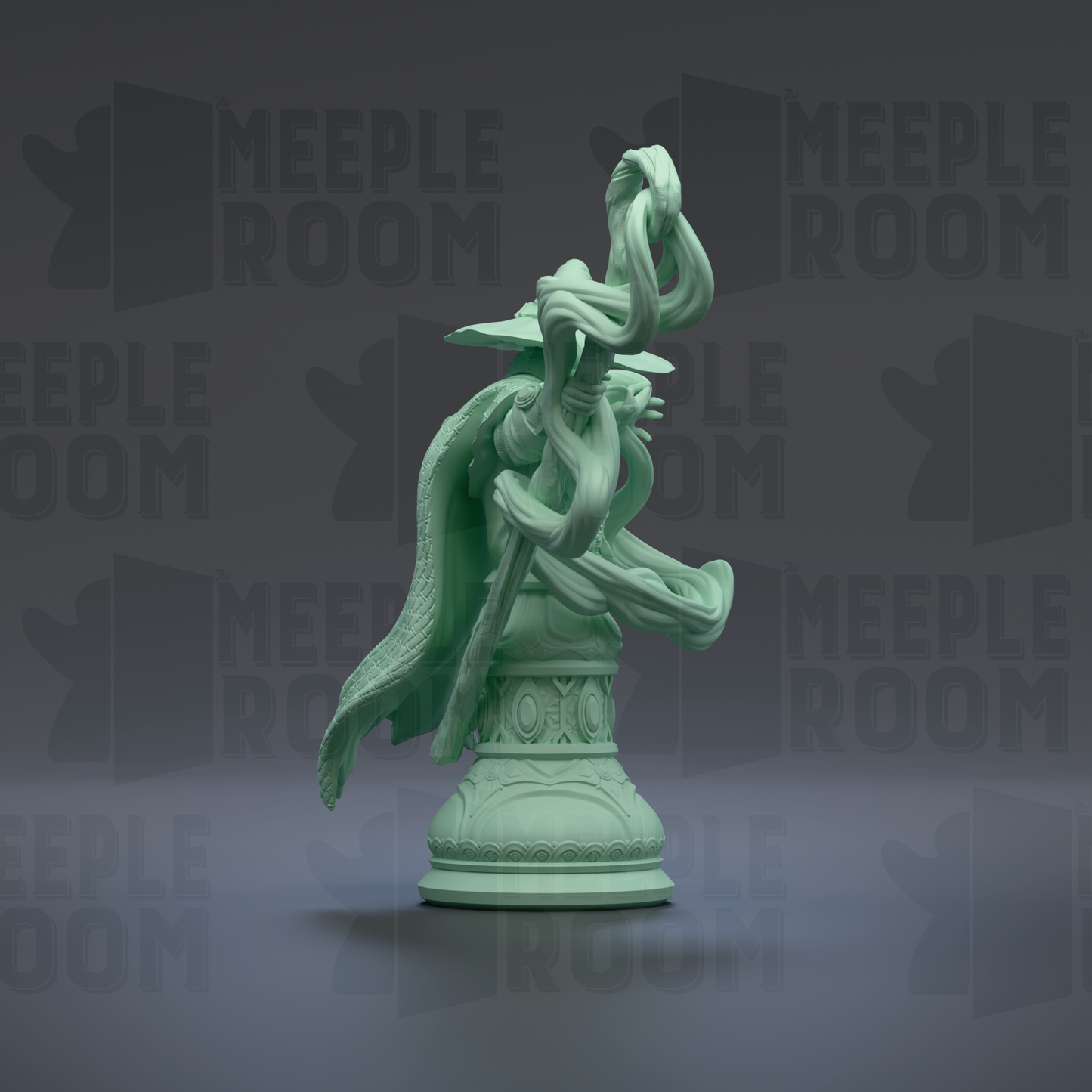 A green statue of a figure with flowing robes and a hat, standing on a pedestal against a dark background with repeated text.