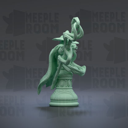 A green statue of a figure with flowing robes and a hat, standing on a pedestal against a dark background with repeated text.