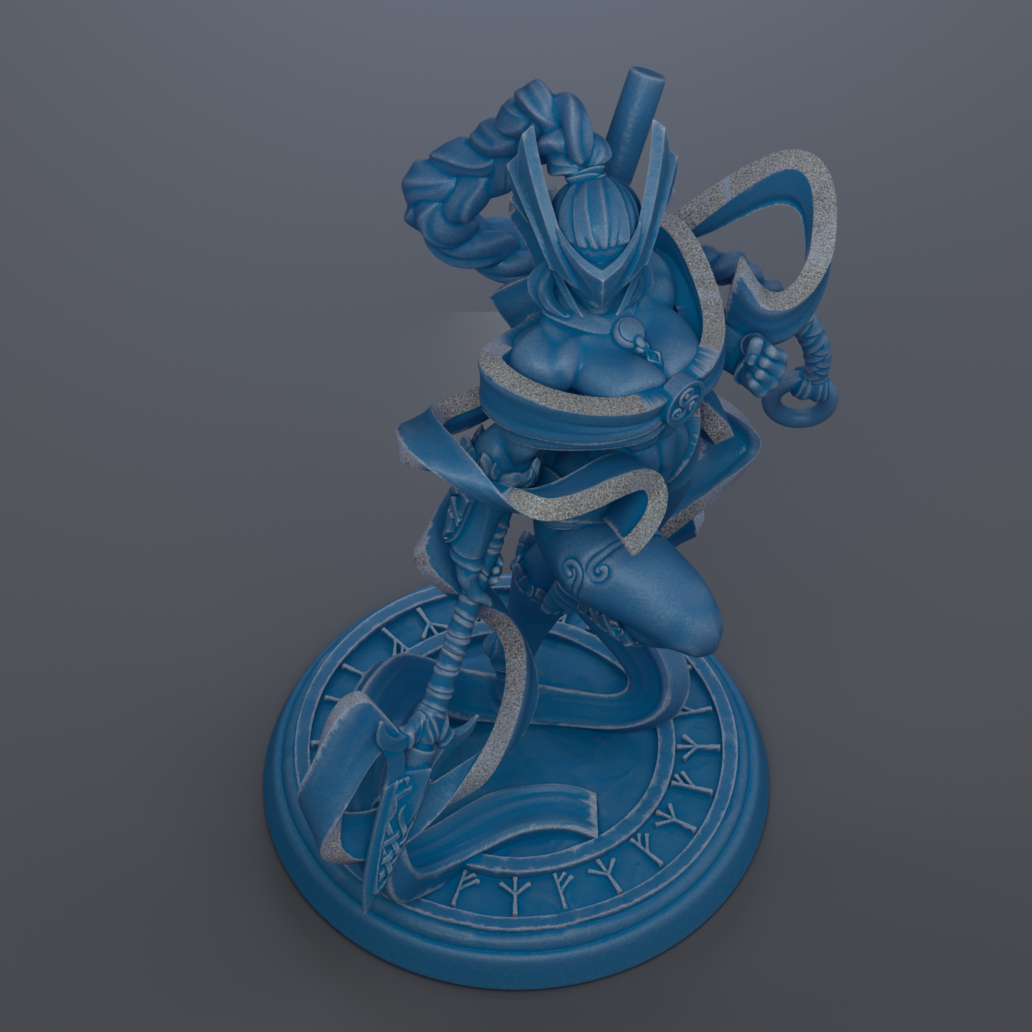 A 3D rendering of a blue, fantastical figure with intricate details and a complex design, standing on a circular base.
