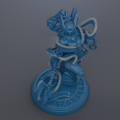 A 3D rendering of a blue, fantastical figure with intricate details and a complex design, standing on a circular base.