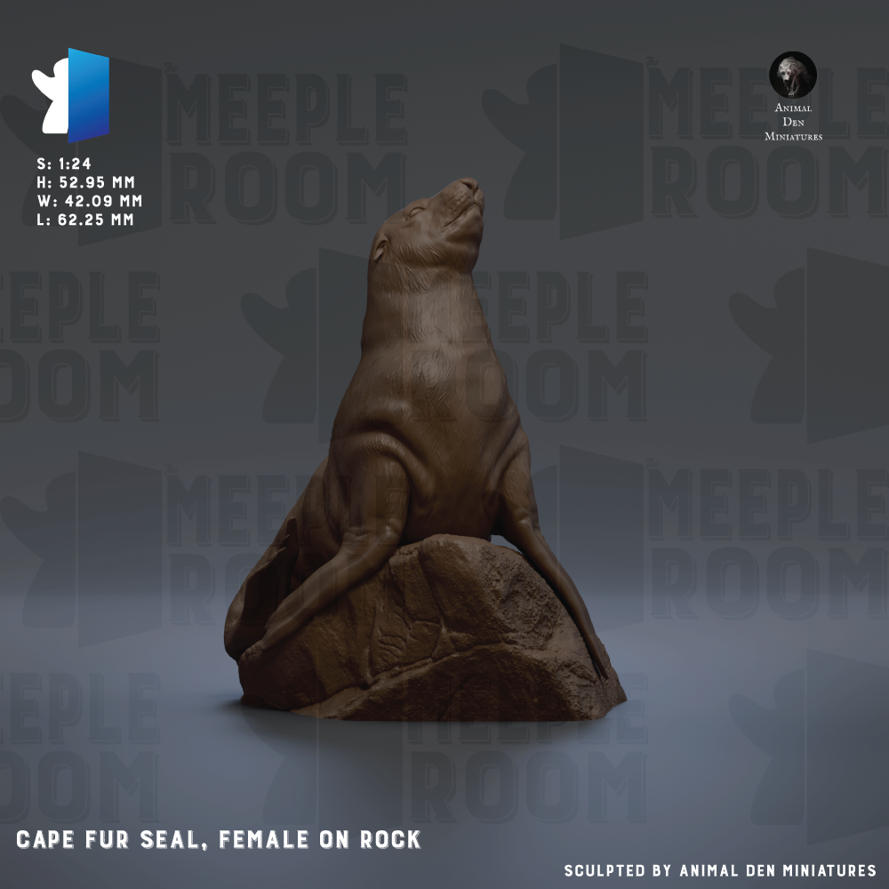 The image is a 3D rendering of a female seal sitting on a rock.