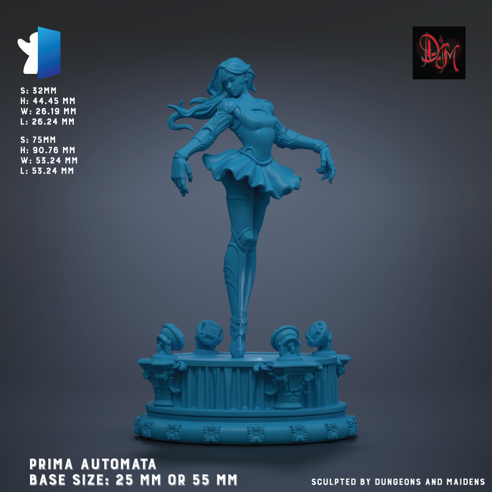 The image is a 3D rendering of a blue female character, likely a female dancer or performer, standing on a pedestal or base. The character appears to be in a dynamic pose, with her arms outstretched and her legs apart. The image is described as a "PRIMA AUTOMATA" and is shown in various sizes, ranging from 25 mm to 55 mm. The image is described as a "Sculpted by Dungeons and Maidens", indicating that it is a work created by a fantasy or adventure game.