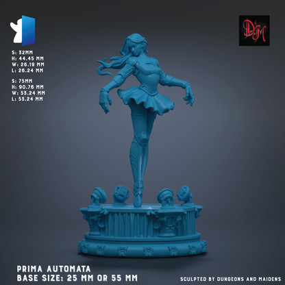 The image is a 3D rendering of a blue female character, likely a female dancer or performer, standing on a pedestal or base. The character appears to be in a dynamic pose, with her arms outstretched and her legs apart. The image is described as a "PRIMA AUTOMATA" and is shown in various sizes, ranging from 25 mm to 55 mm. The image is described as a "Sculpted by Dungeons and Maidens", indicating that it is a work created by a fantasy or adventure game.