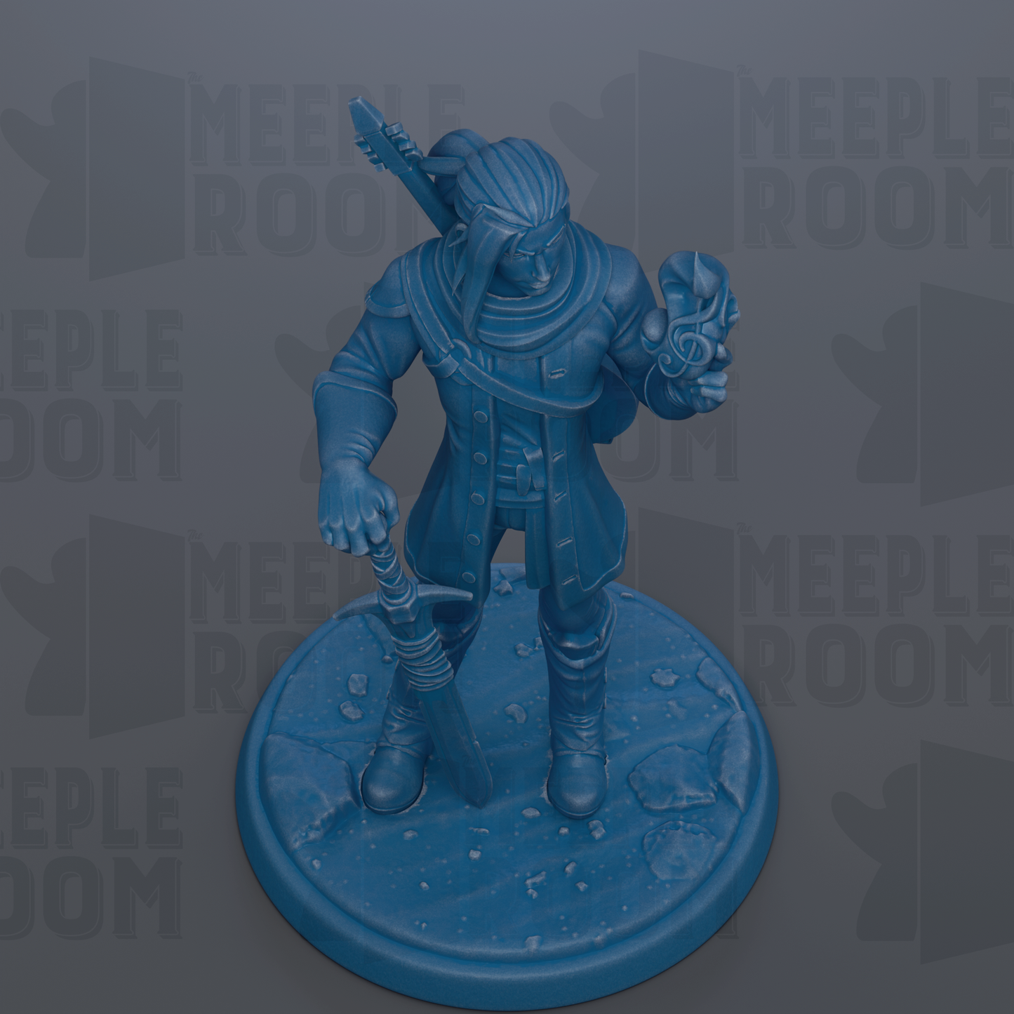 A blue figurine of a person holding a weapon and standing on a circular base.