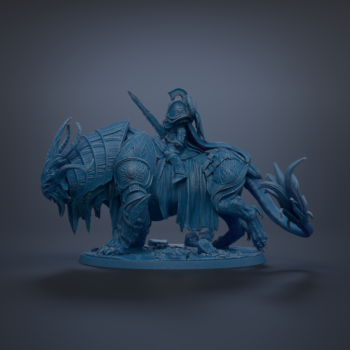 A detailed 3D model of a knight on a dragon-like creature, with intricate armor and a sword.