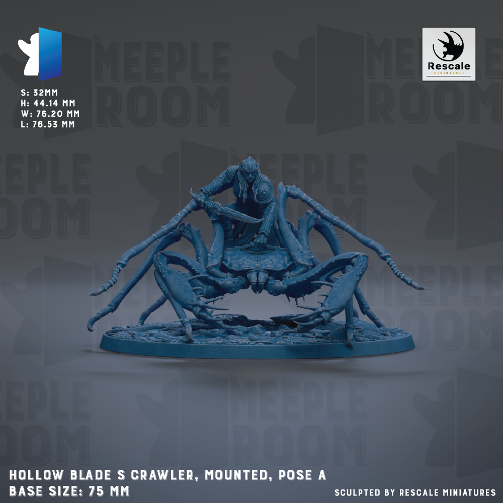 The image is a 3D model of a blue, metallic figurine of a crawler or spider-like creature, mounted on a base and posed in a standing position. The figurine is described as a "HOLOW BLADE S CRAWLER, MOUNTED, POSE A" and is shown in a 75 mm base size. The image is a 3D rendering of the figurine, and it is not a collage of multiple images. The phrase "Sculpted by RESCALE MINIATURES" is also mentioned, indicating that the figurine is created by a company called RESCALE.