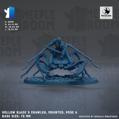 The image is a 3D model of a blue, metallic figurine of a crawler or spider-like creature, mounted on a base and posed in a standing position. The figurine is described as a "HOLOW BLADE S CRAWLER, MOUNTED, POSE A" and is shown in a 75 mm base size. The image is a 3D rendering of the figurine, and it is not a collage of multiple images. The phrase "Sculpted by RESCALE MINIATURES" is also mentioned, indicating that the figurine is created by a company called RESCALE.