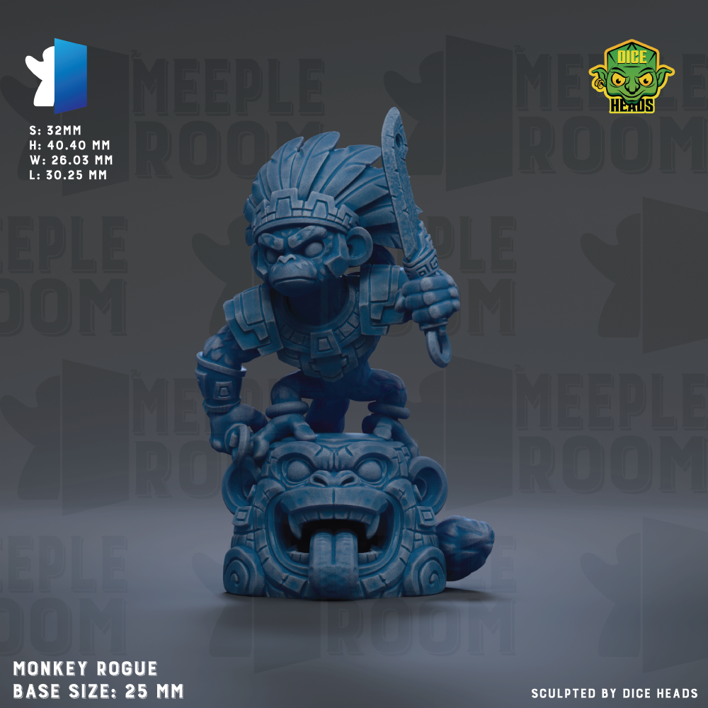 a blue figurine of a monkey holding a sword, with the text "MONKEY ROGUE BASE SIZE: 25MM" and "Sized by Dice Heads" visible.