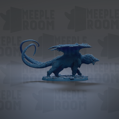A blue dragon figurine is shown against a dark background with repeated text.