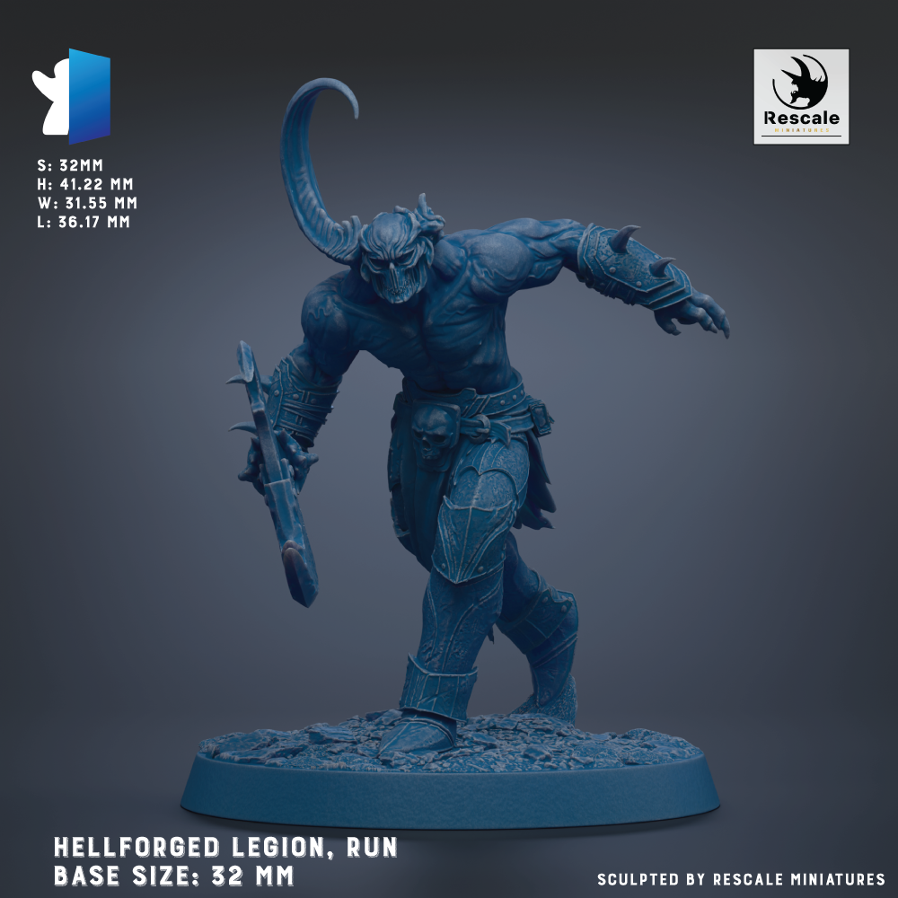 a Hellforged Legion, a base size of 32 mm, with a detailed and imposing figure of a warrior wielding a sword and shield.