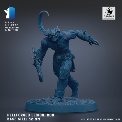 a Hellforged Legion, a base size of 32 mm, with a detailed and imposing figure of a warrior wielding a sword and shield.
