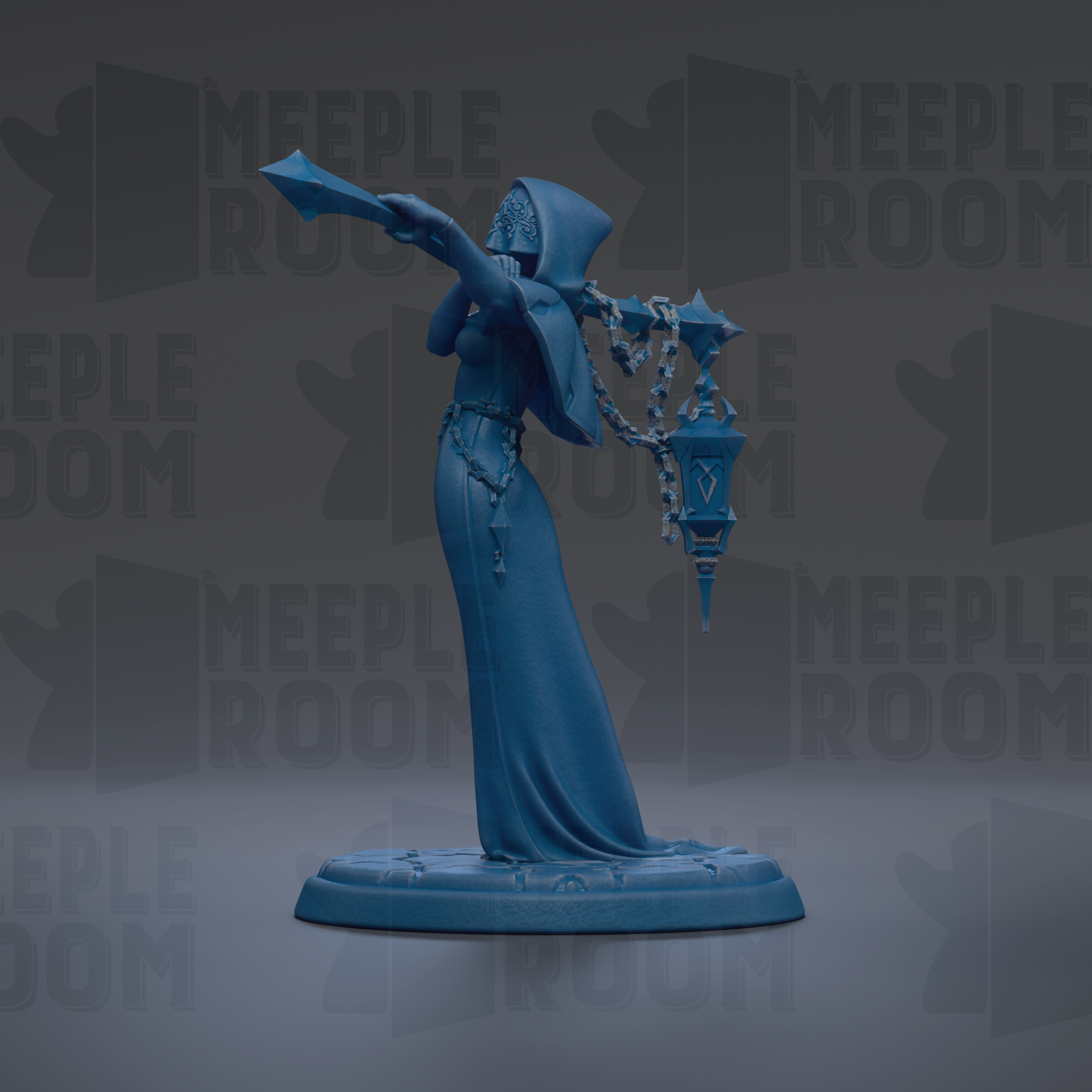 A blue statue of a woman holding a lantern and sword stands on a pedestal against a dark background with repeated "MEIPLLE ROOM" text.