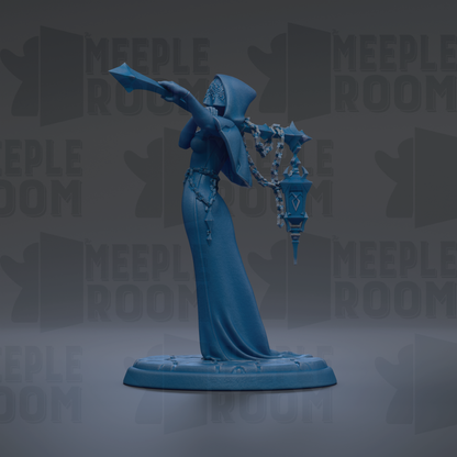 A blue statue of a woman holding a lantern and sword stands on a pedestal against a dark background with repeated "MEIPLLE ROOM" text.