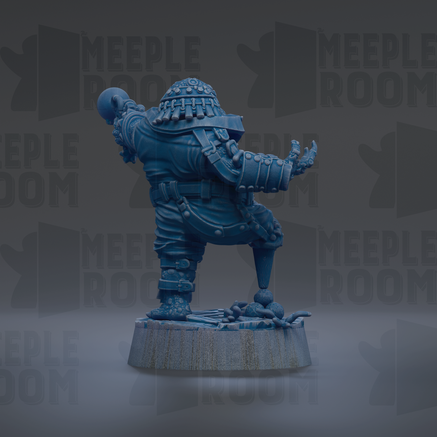 A blue, armored figurine is shown in a dynamic pose, with its arms outstretched and a weapon in hand, against a dark background with repeated text.
