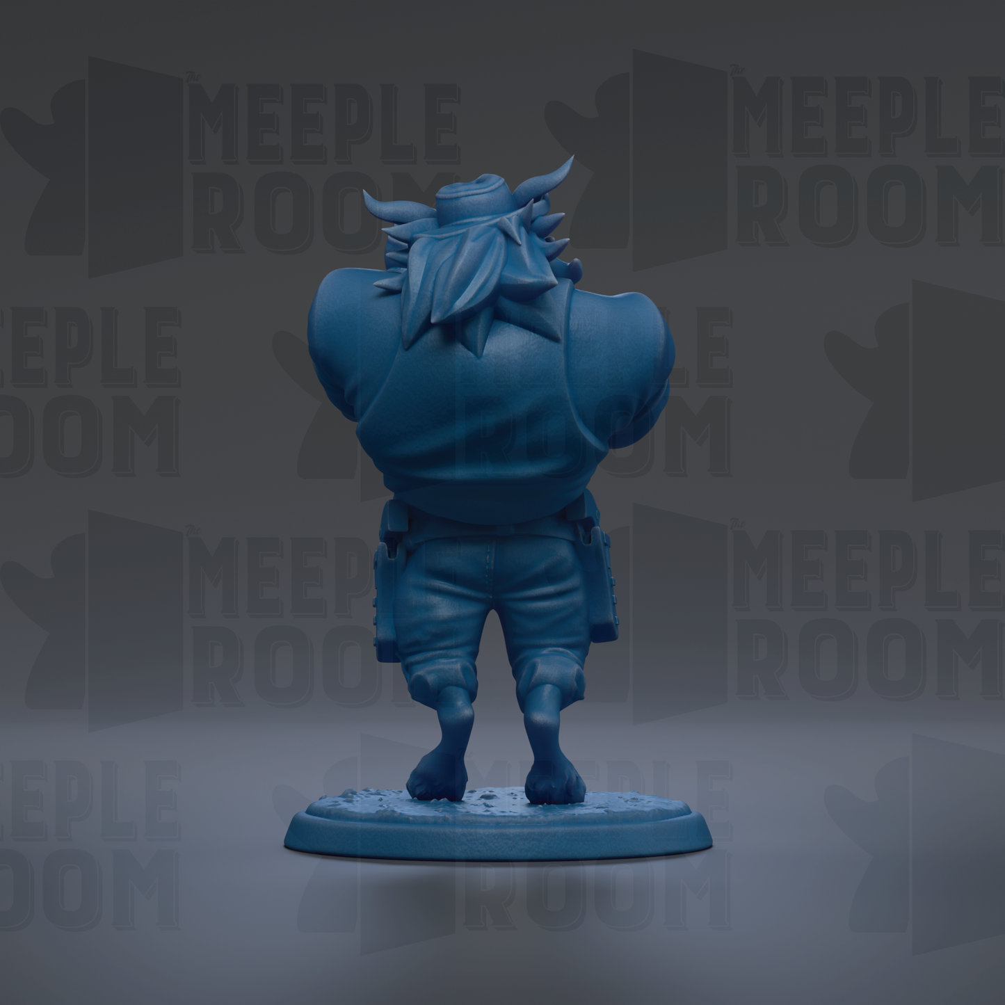 A blue figurine of a character with horns and a bandana, standing on a base against a dark background with repeated text.