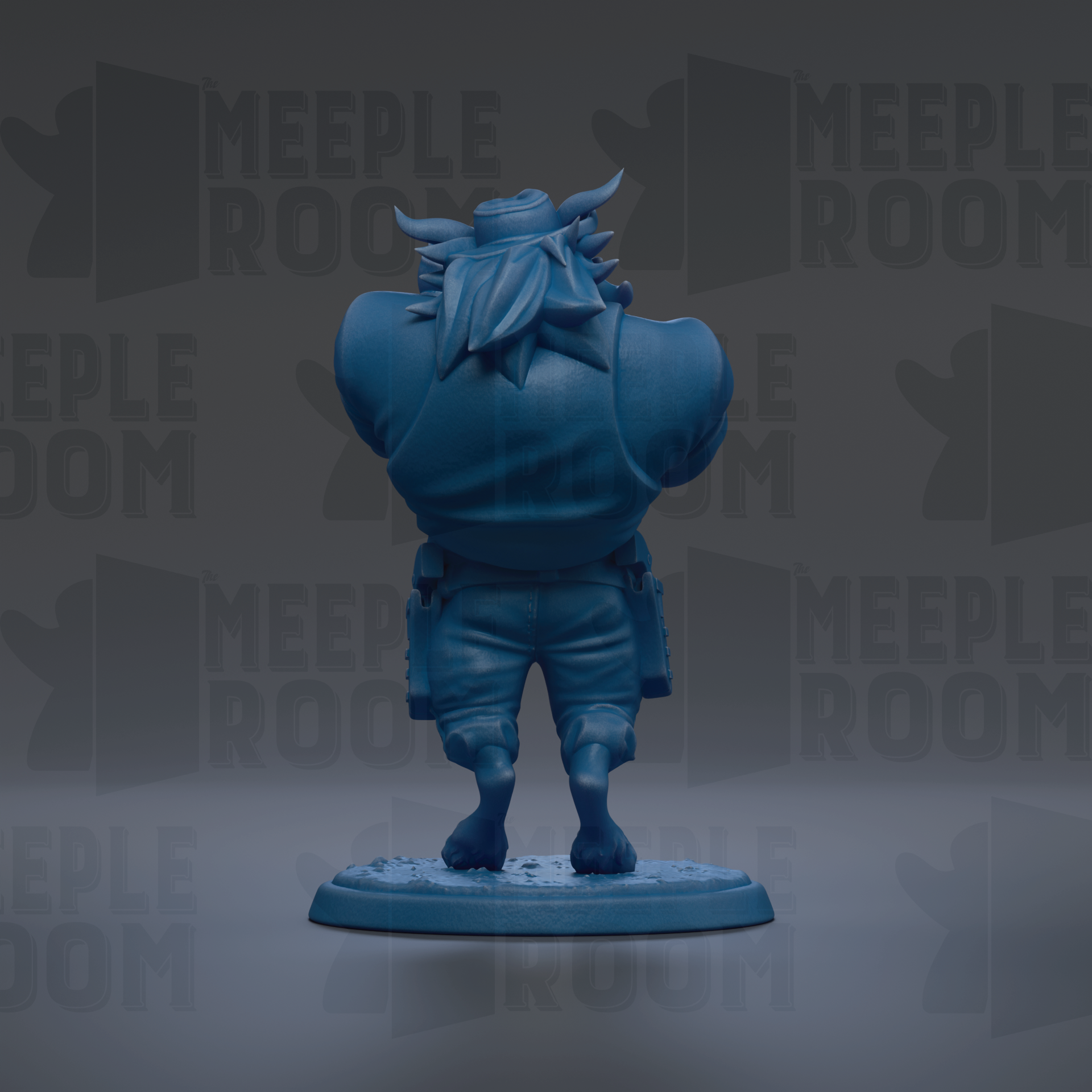 A blue figurine of a character with horns and a bandana, standing on a base against a dark background with repeated text.