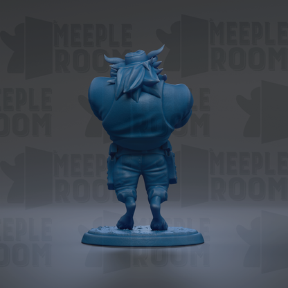 A blue figurine of a character with horns and a bandana, standing on a base against a dark background with repeated text.