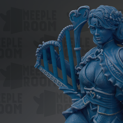 A blue statue of a woman holding a harp, with the text "MEUPLE ROOM" repeated in the background.
