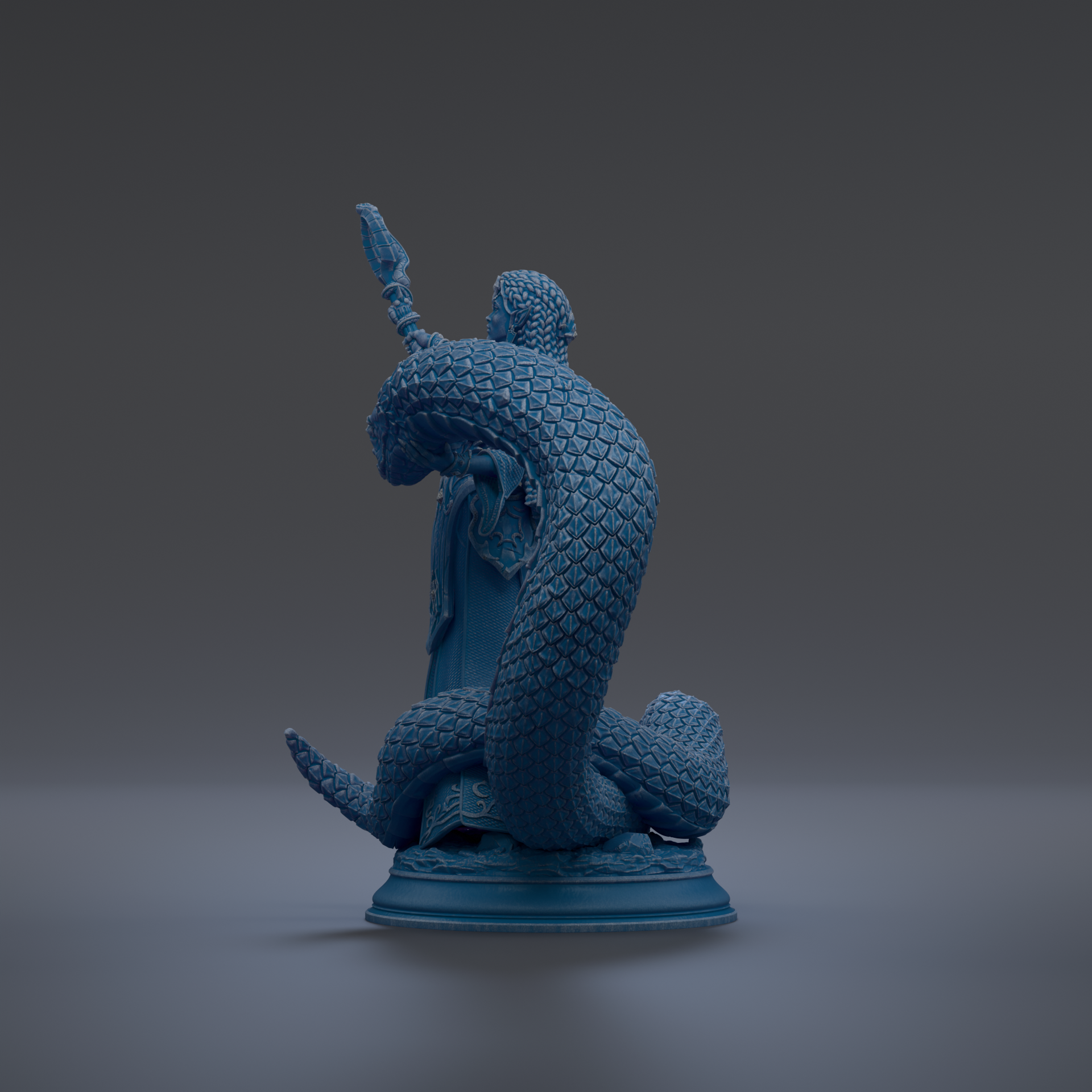 A blue, 3D-rendered statue of a snake-like creature with a textured, patterned body and a raised head.