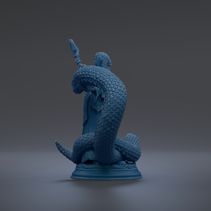 A blue, 3D-rendered statue of a snake-like creature with a textured, patterned body and a raised head.