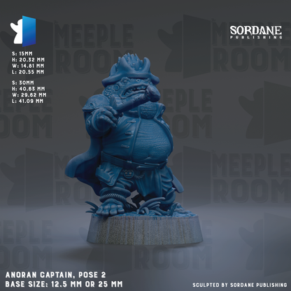 The image is a 3D rendering of a blue figurine of a character, likely a pirate or sea monster, with a detailed pose and costume. The figurine is standing on a base and appears to be the focus of the image. The background features repeated text and logos, including the words "MEIPLE ROOM" and "SORDANE PUBLISHING". The image is described as a "collage of multiple images" and is not a single image. The base size of the figurine is either 12.5 mm or 25 mm.