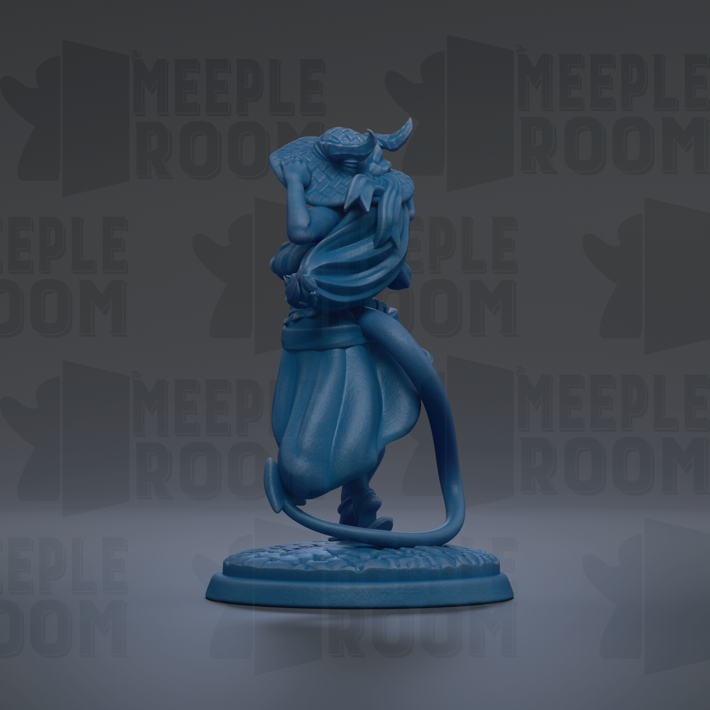 A blue figurine of a person standing on a base, with the text "MEUPLE ROOM" repeated in the background.