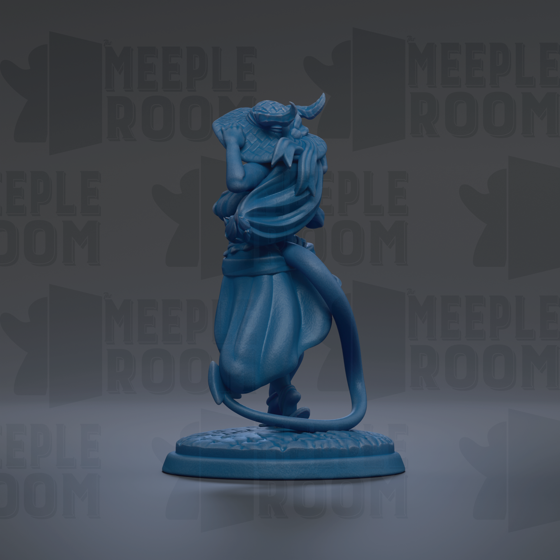 A blue figurine of a person standing on a base, with the text "MEUPLE ROOM" repeated in the background.